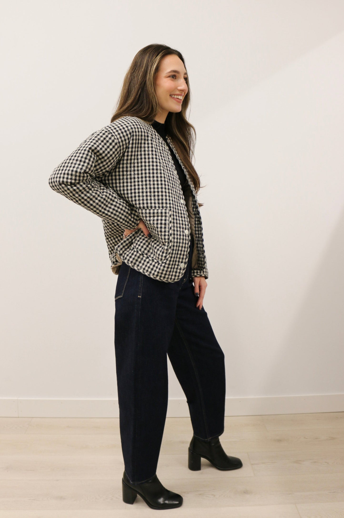 Parson Quilted Gingham Long Sleeve Snap Front Jacket - Black Multi