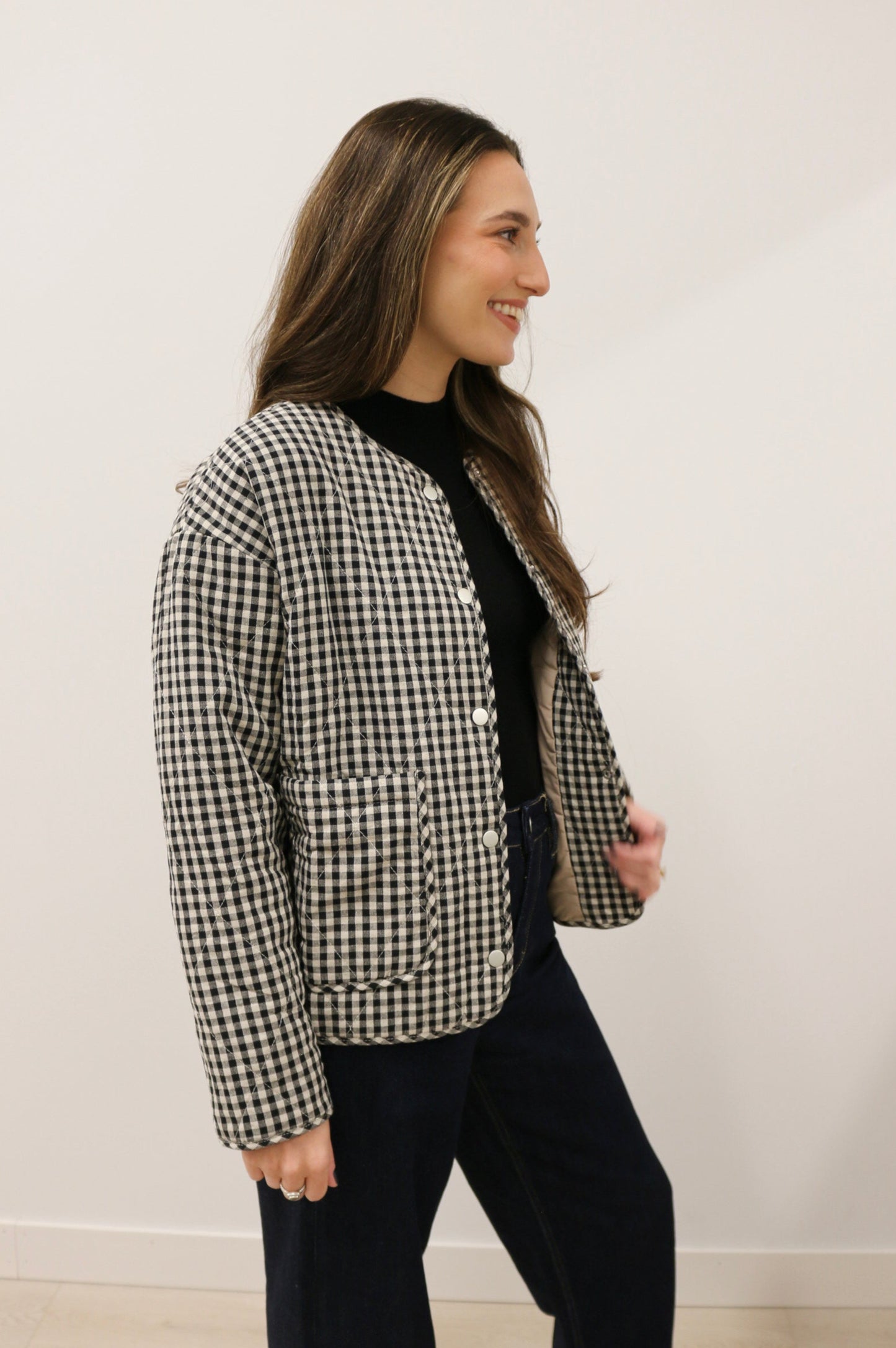 Parson Quilted Gingham Long Sleeve Snap Front Jacket - Black Multi