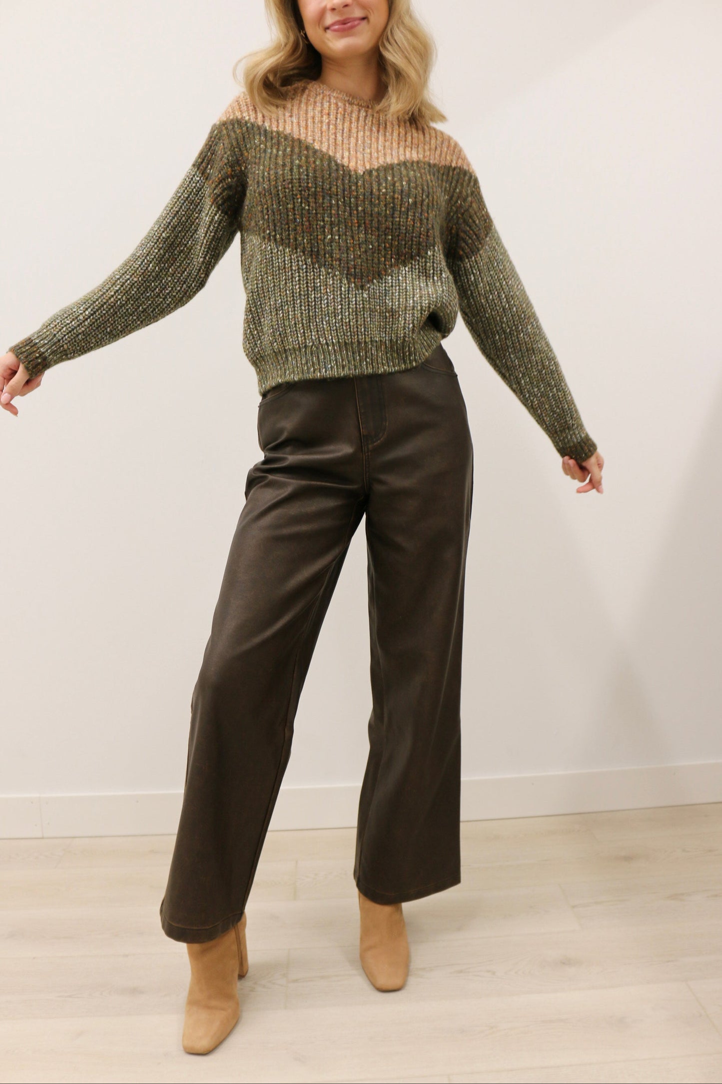 Harper High Waisted Distressed Faux Leather Wide Leg Pants - Coco Brown