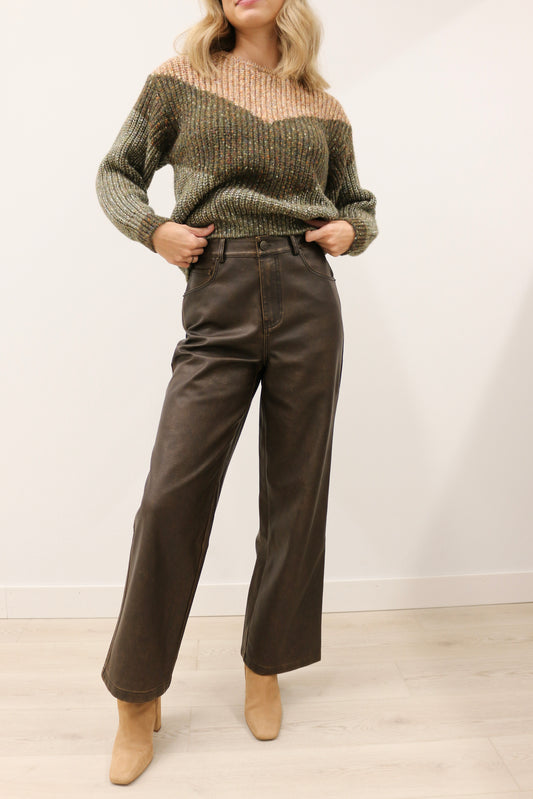 Harper High Waisted Distressed Faux Leather Wide Leg Pants - Coco Brown