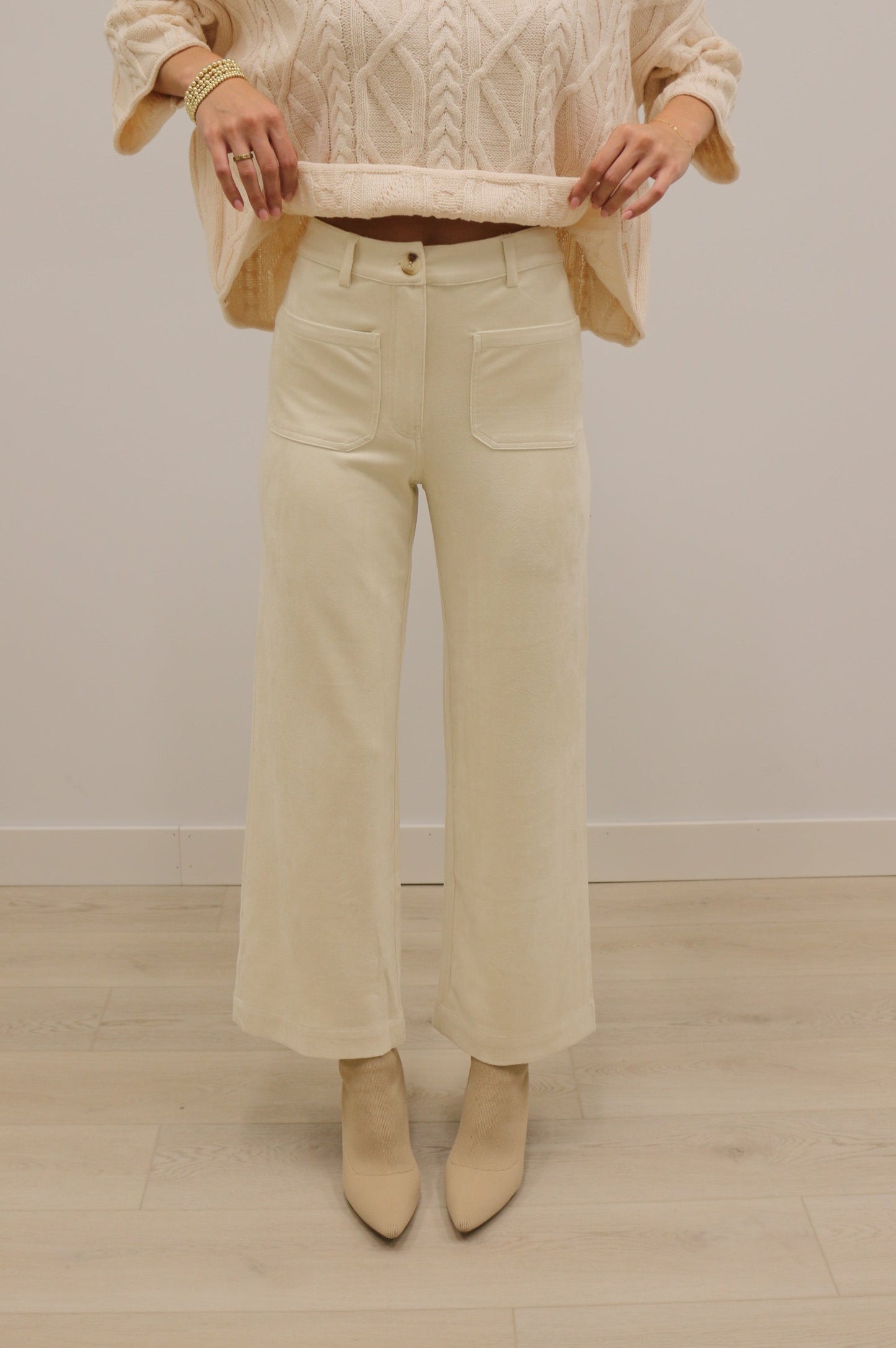 Lana Suede High Waisted Wide Leg Pants - Cream