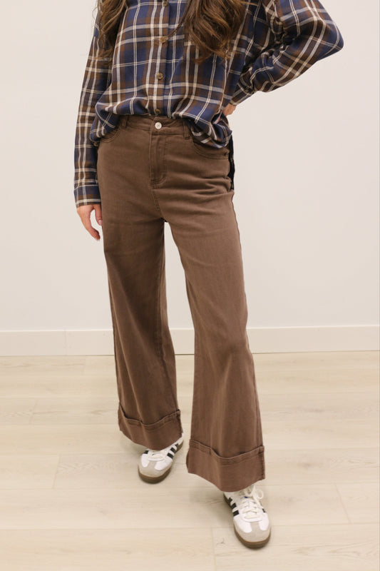 Nataline High Waisted Casual Wide Leg Cuffed Pant - Brown