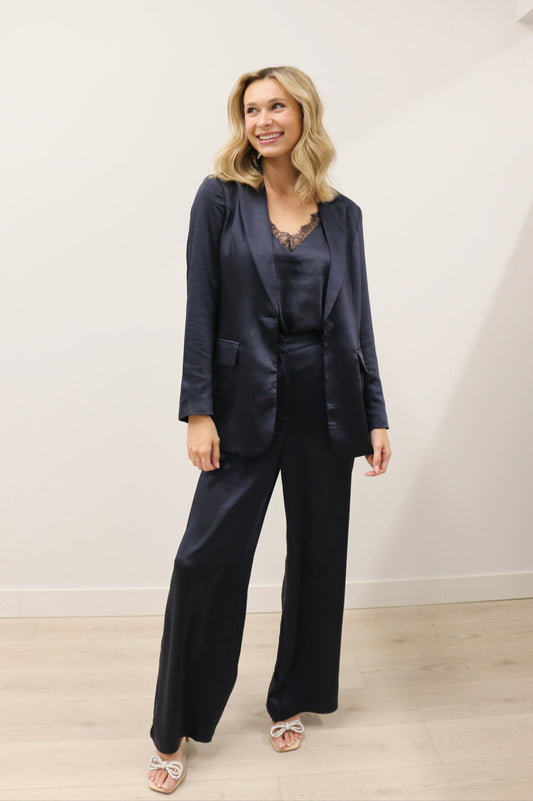Icon High Waisted Brushed Satin Wide Leg Trousers - Deep Navy