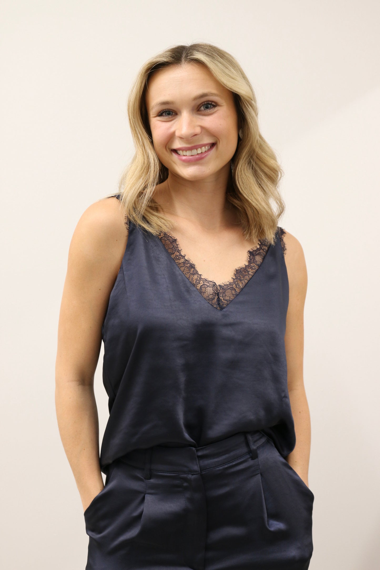 Icon Lace Trim Brushed Satin Tank - Deep Navy
