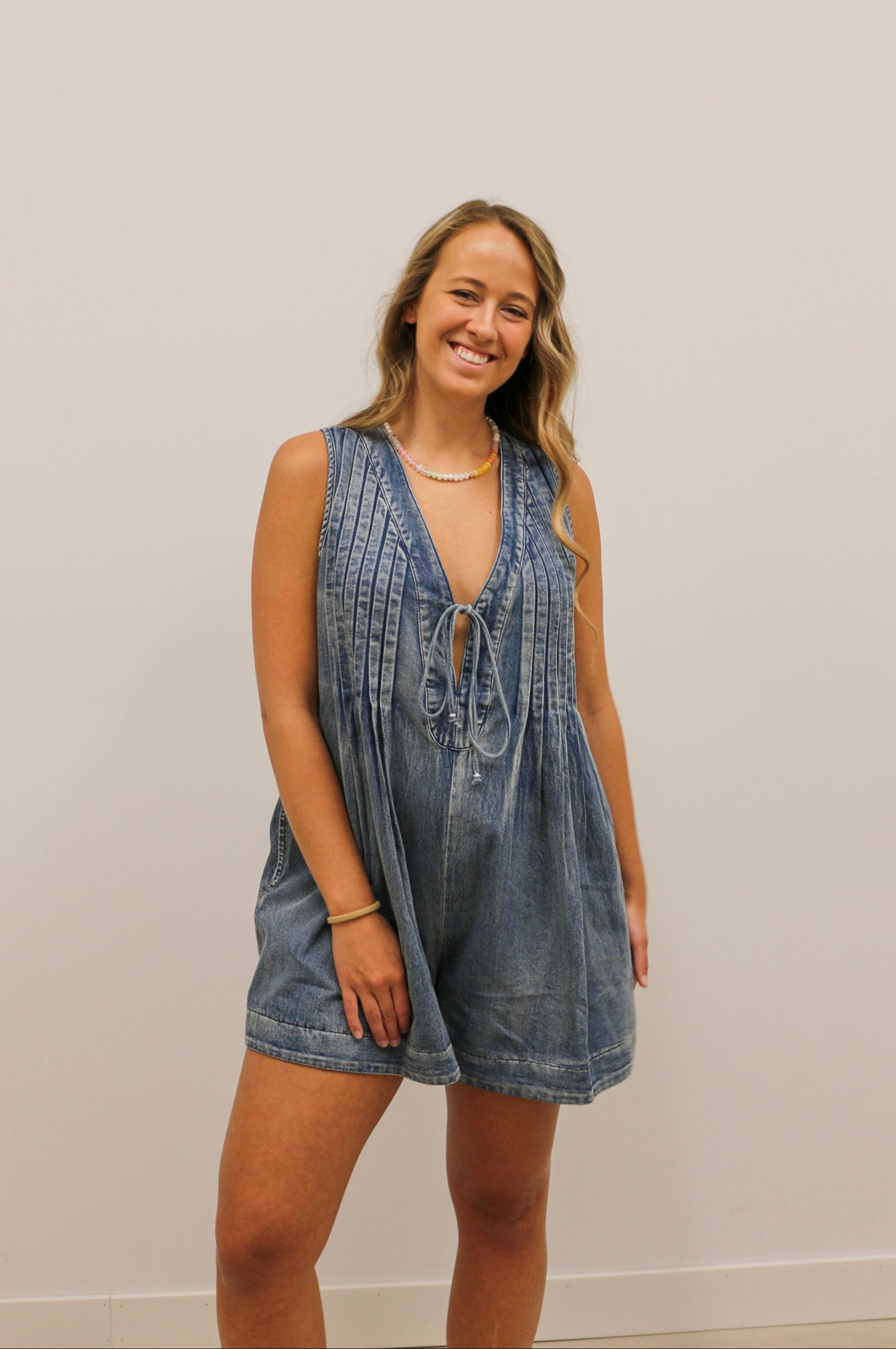 Kingsley Oversized Tie Front Sleeveless Pleated Denim Romper - Dark Wash