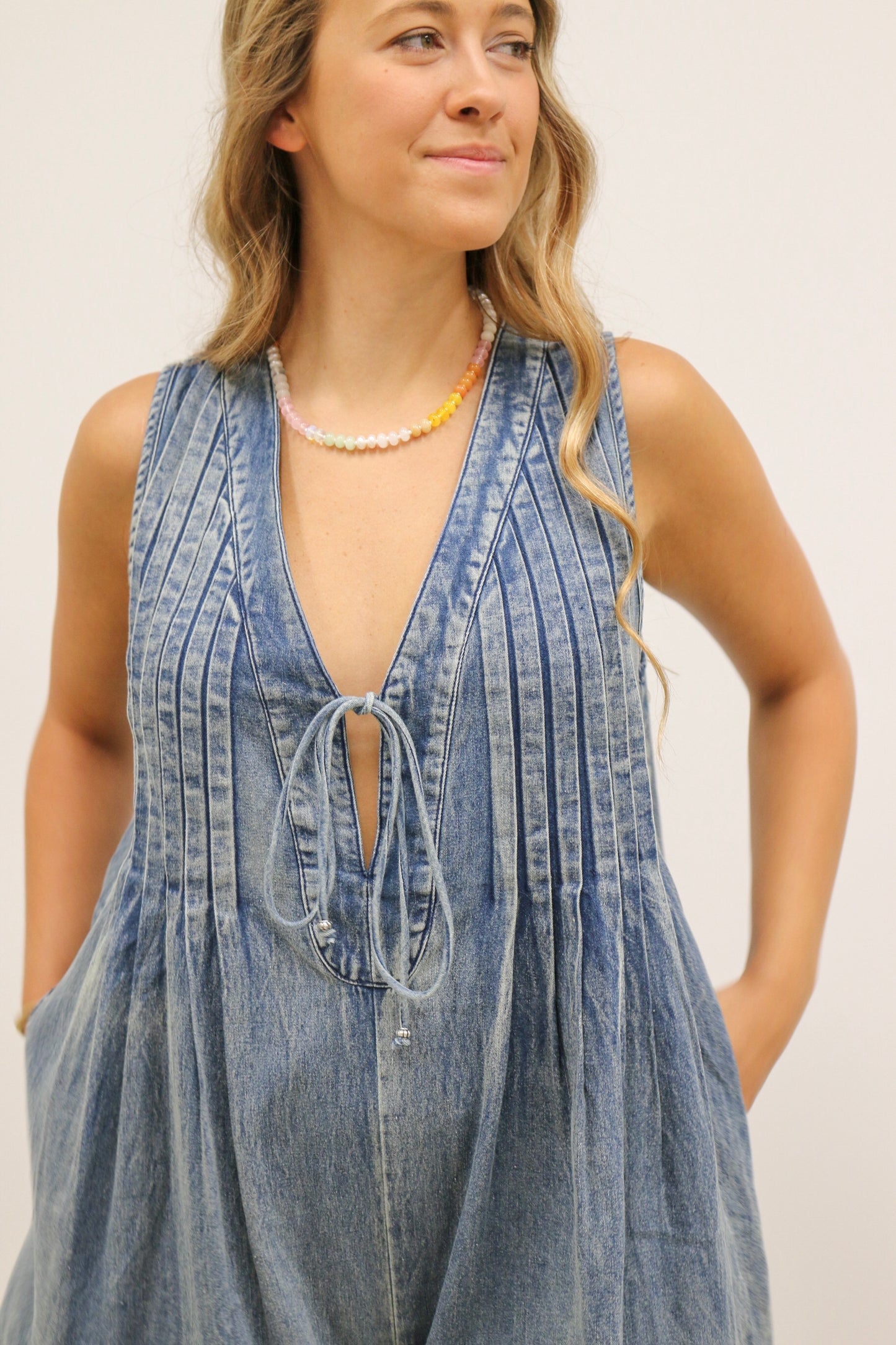 Kingsley Oversized Tie Front Sleeveless Pleated Denim Romper - Dark Wash