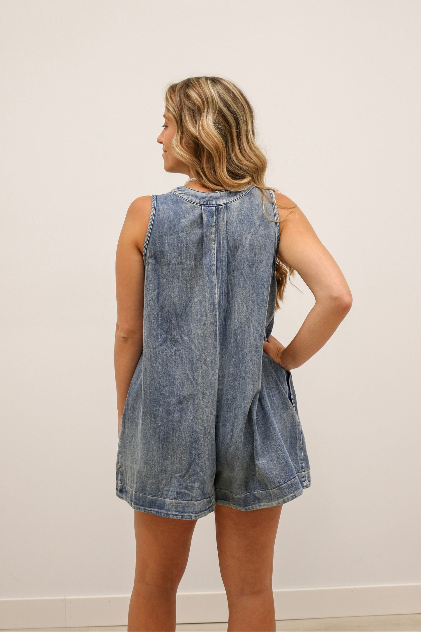 Kingsley Oversized Tie Front Sleeveless Pleated Denim Romper - Dark Wash