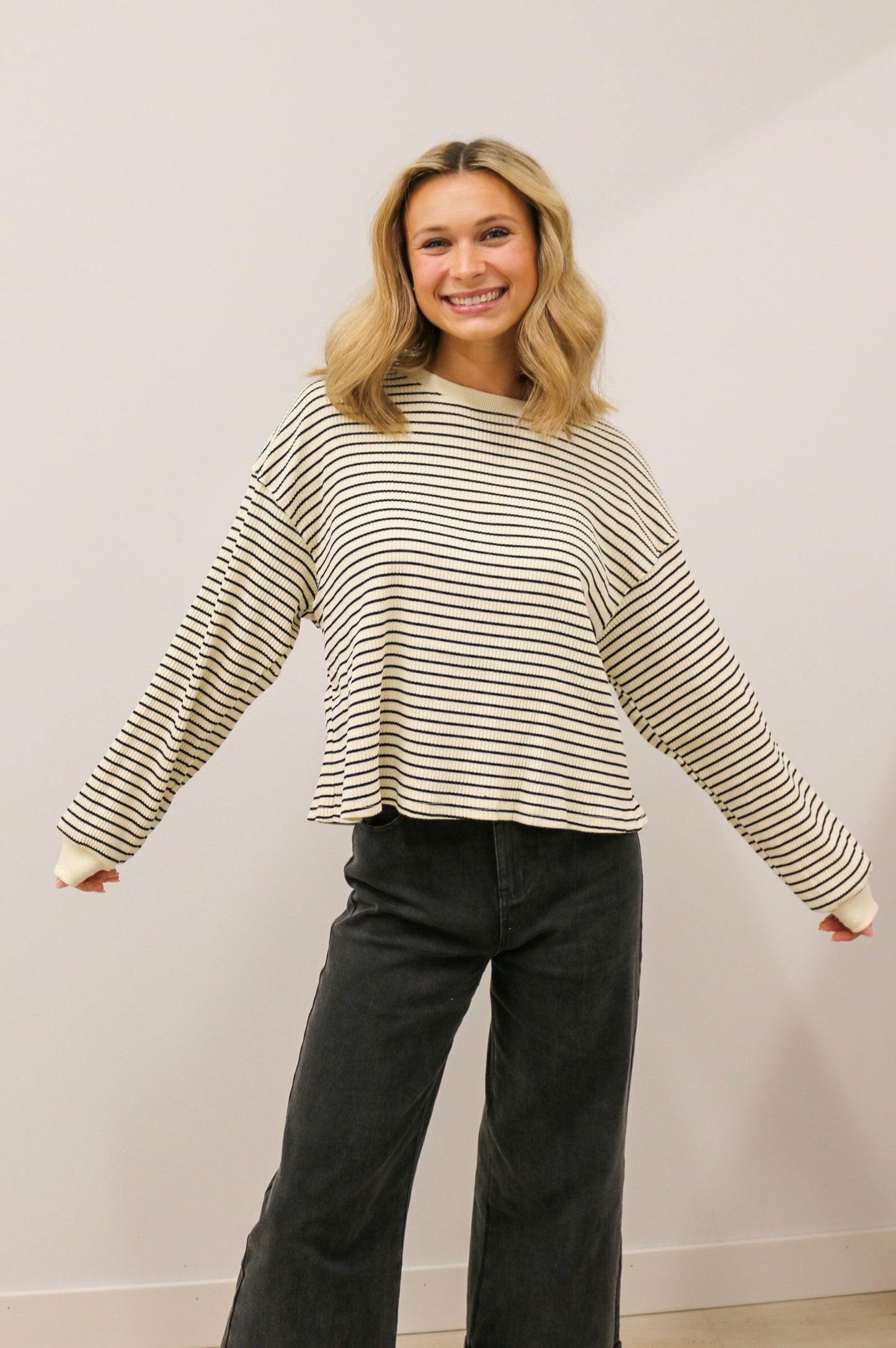 Leisure Stripe Ribbed Crewneck Long Sleeve Knit Top - Cream Black