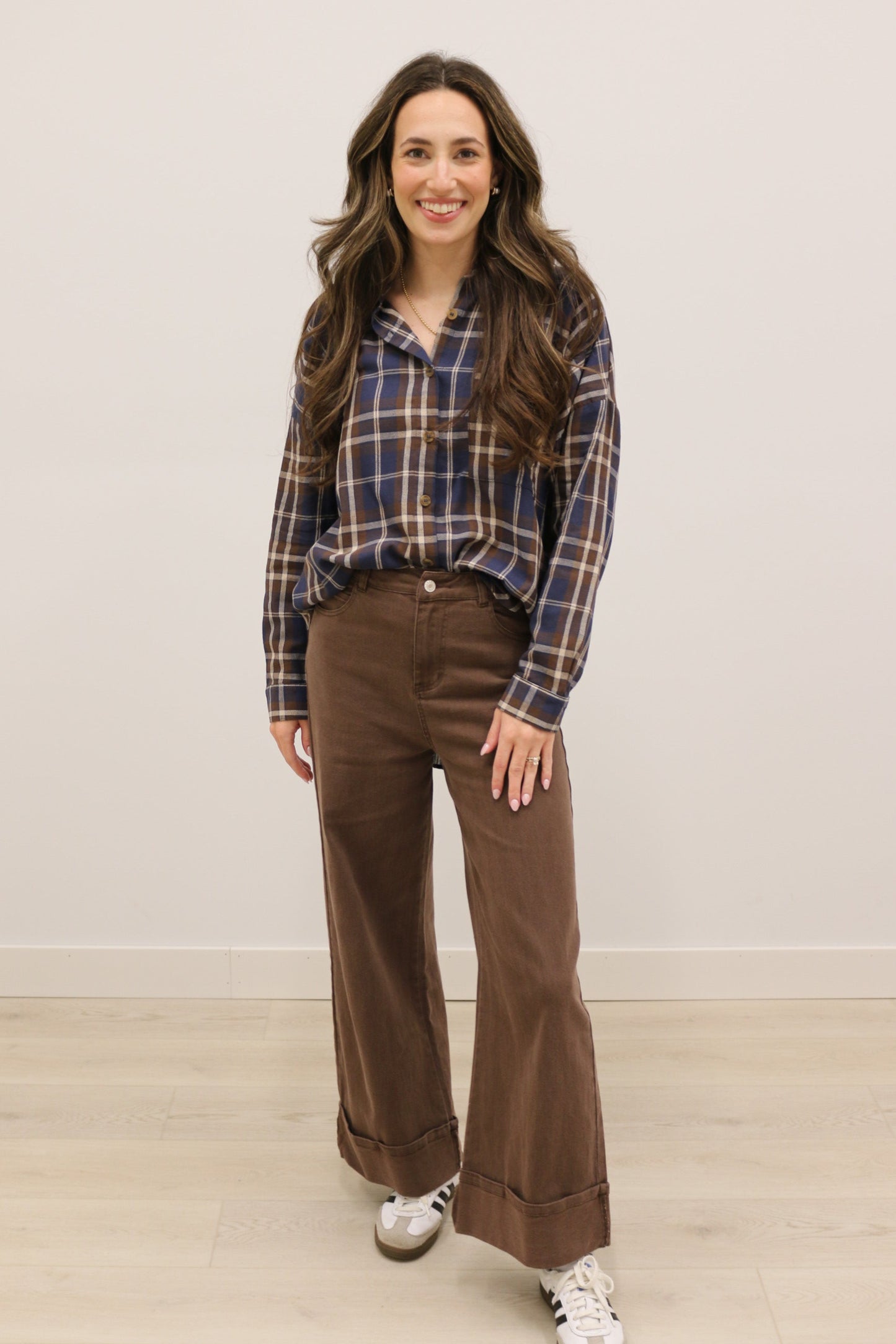 Lewes Classic Plaid Long Sleeve Collared Button Up - Brown Navy