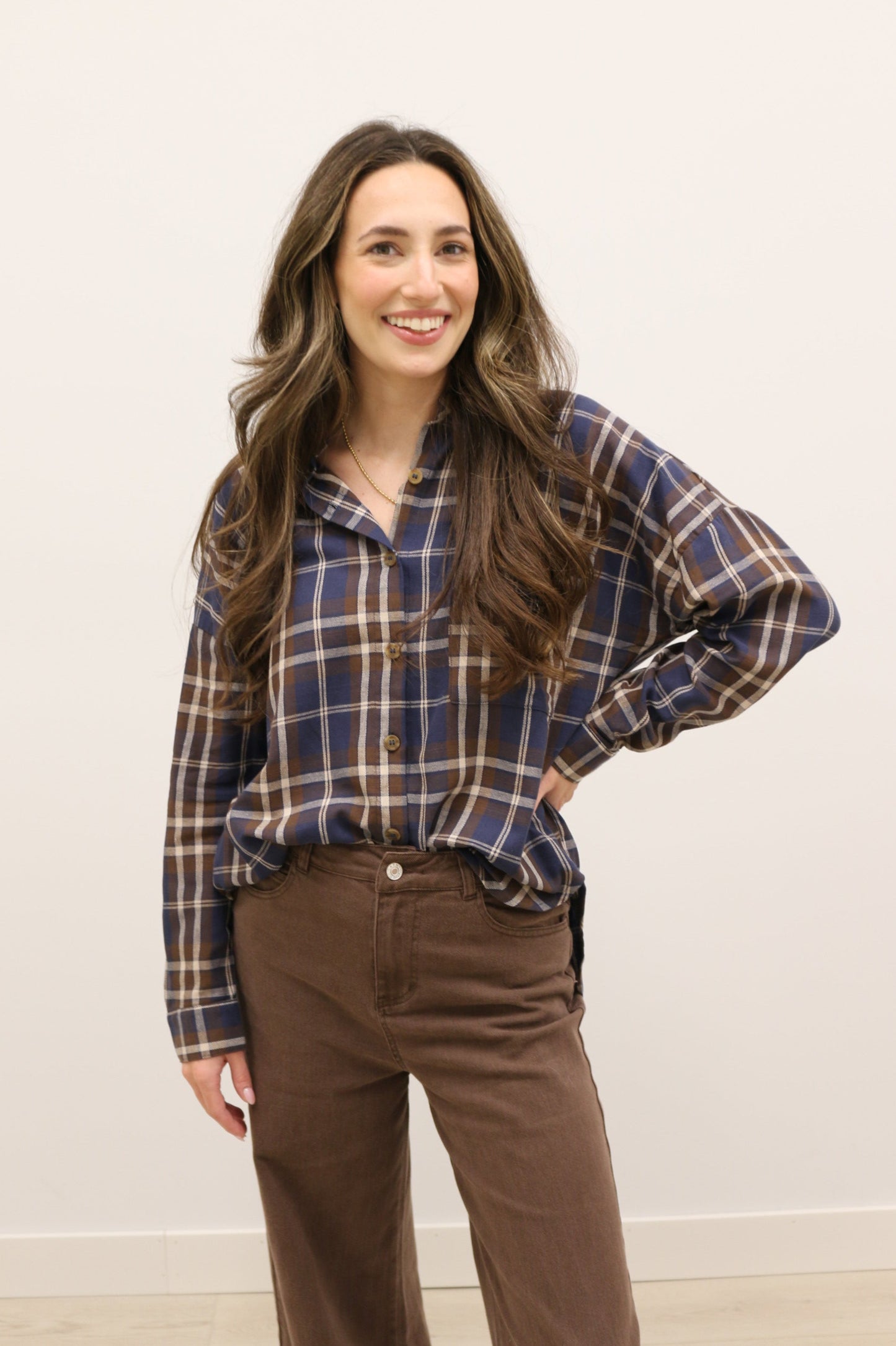Lewes Classic Plaid Long Sleeve Collared Button Up - Brown Navy