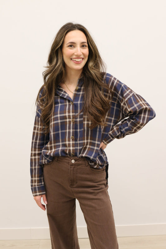 Lewes Classic Plaid Long Sleeve Collared Button Up - Brown Navy