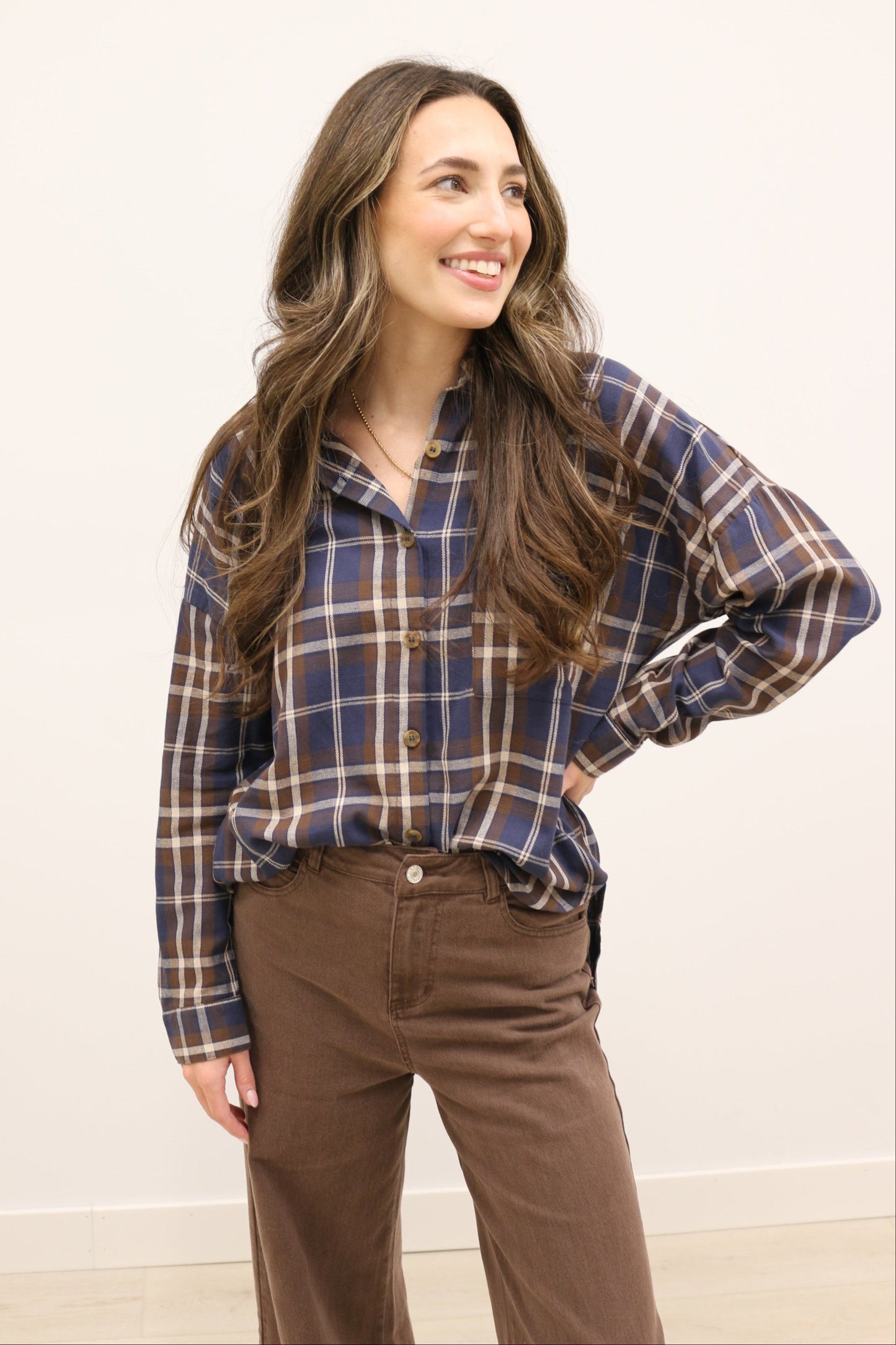 Lewes Classic Plaid Long Sleeve Collared Button Up - Brown Navy