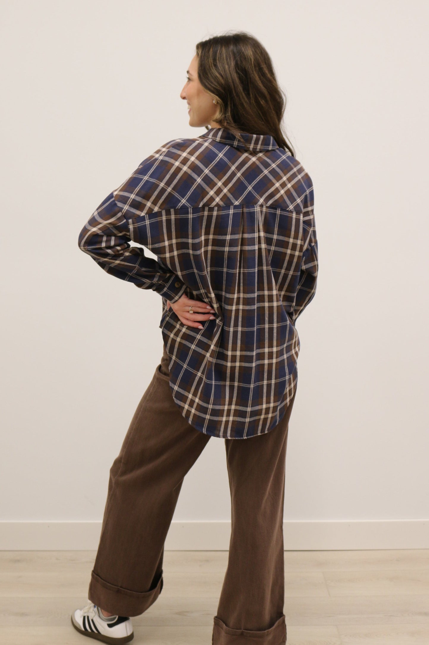 Lewes Classic Plaid Long Sleeve Collared Button Up - Brown Navy