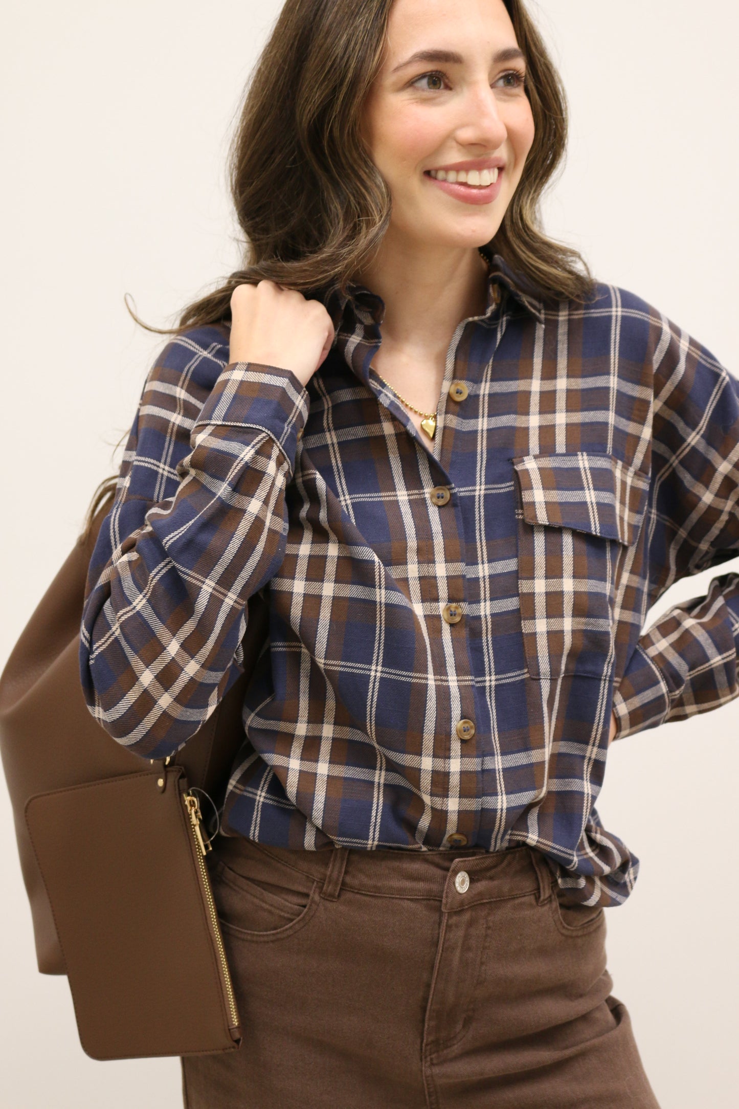 Lewes Classic Plaid Long Sleeve Collared Button Up - Brown Navy