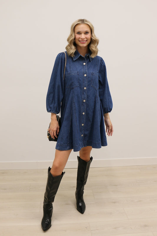 Jemma Long Sleeve Button Front Denim Mini Dress - Dark Denim
