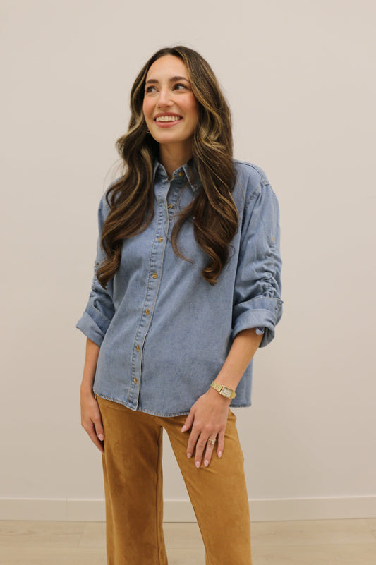 Varra Long Ruched Sleeve Collared Button Up Denim Shirt - Denim Blue