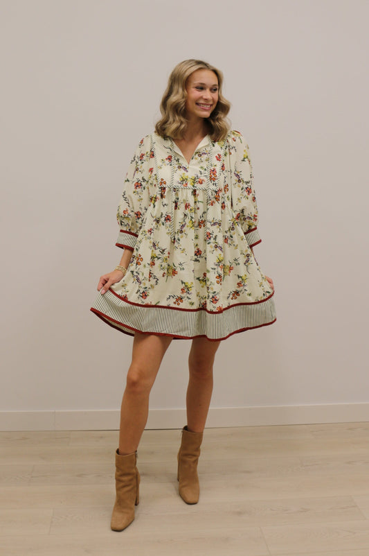 Romance in Bloom Floral Constrast Trim Mini Dress - Ecru Multi