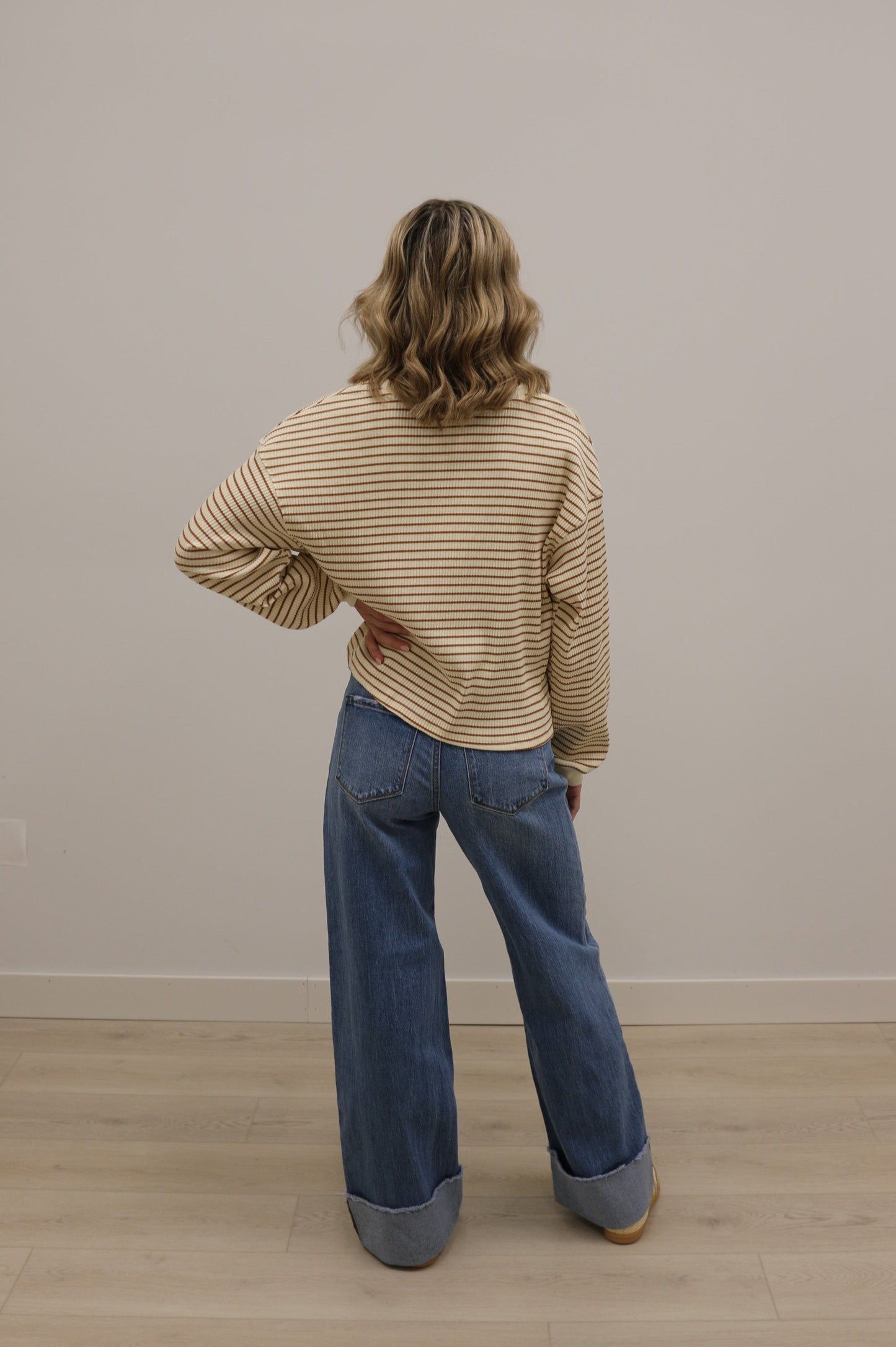 Leisure Stripe Ribbed Crewneck Long Sleeve Knit Top - Cream Brown