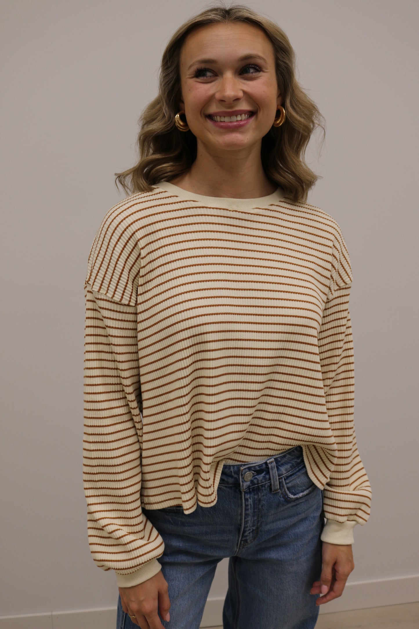 Leisure Stripe Ribbed Crewneck Long Sleeve Knit Top - Cream Brown