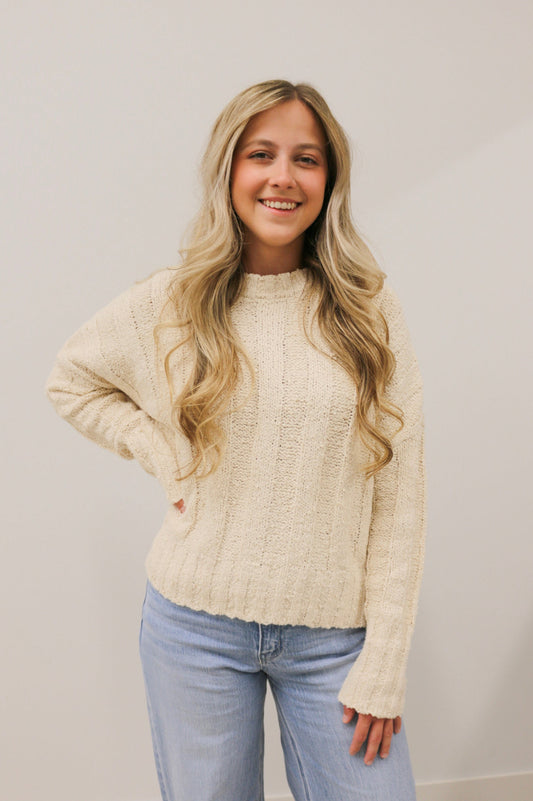 Lume Wide Ribbed Long Sleeve Crewneck Knit Sweater Pullover - Natural