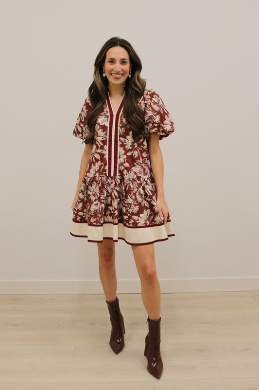 Lottie Floral Print Drop Waist Stripe Mini Dress - Burgundy