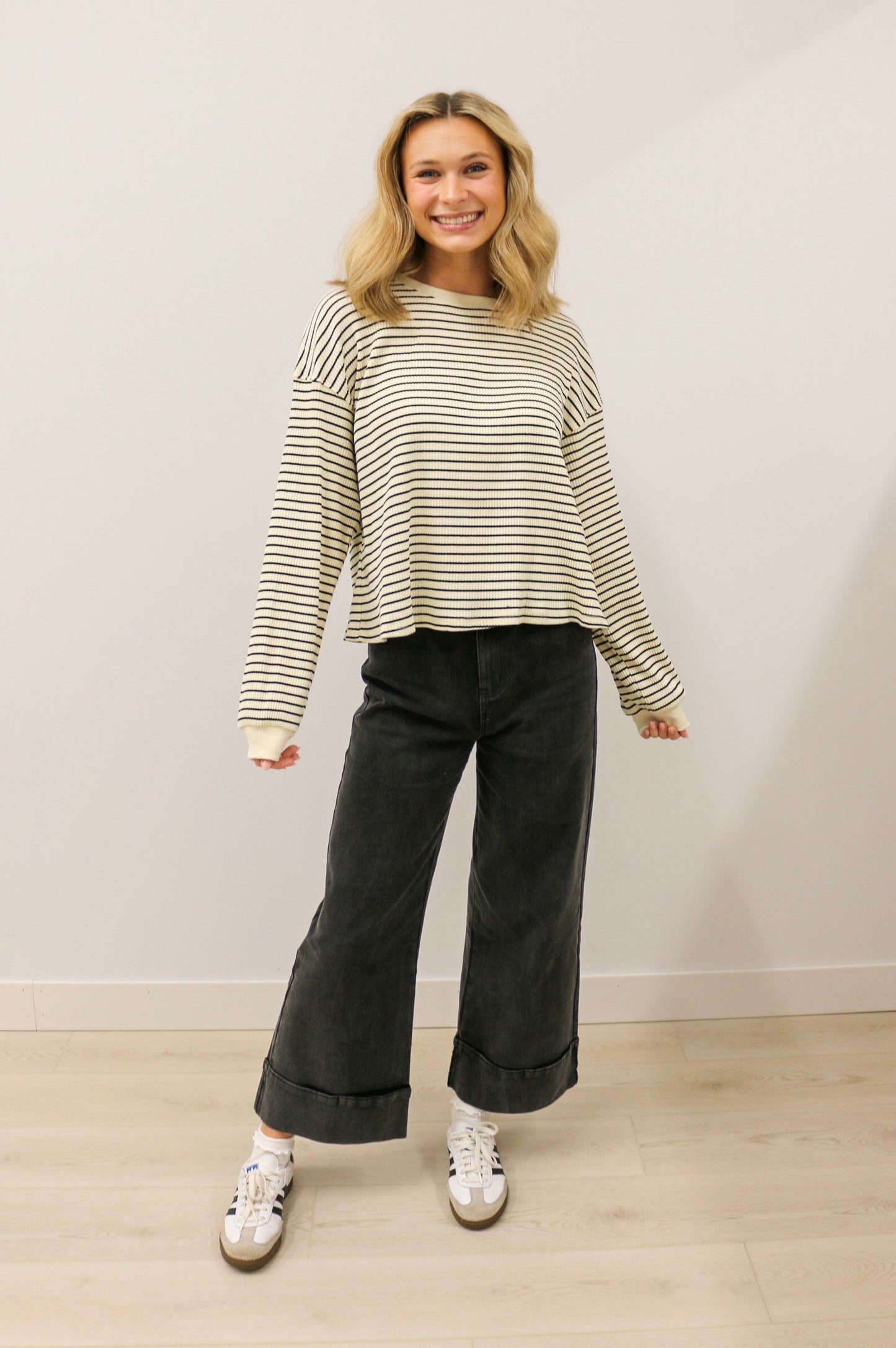 Nataline High Waisted Casual Wide Leg Cuffed Pant - Black