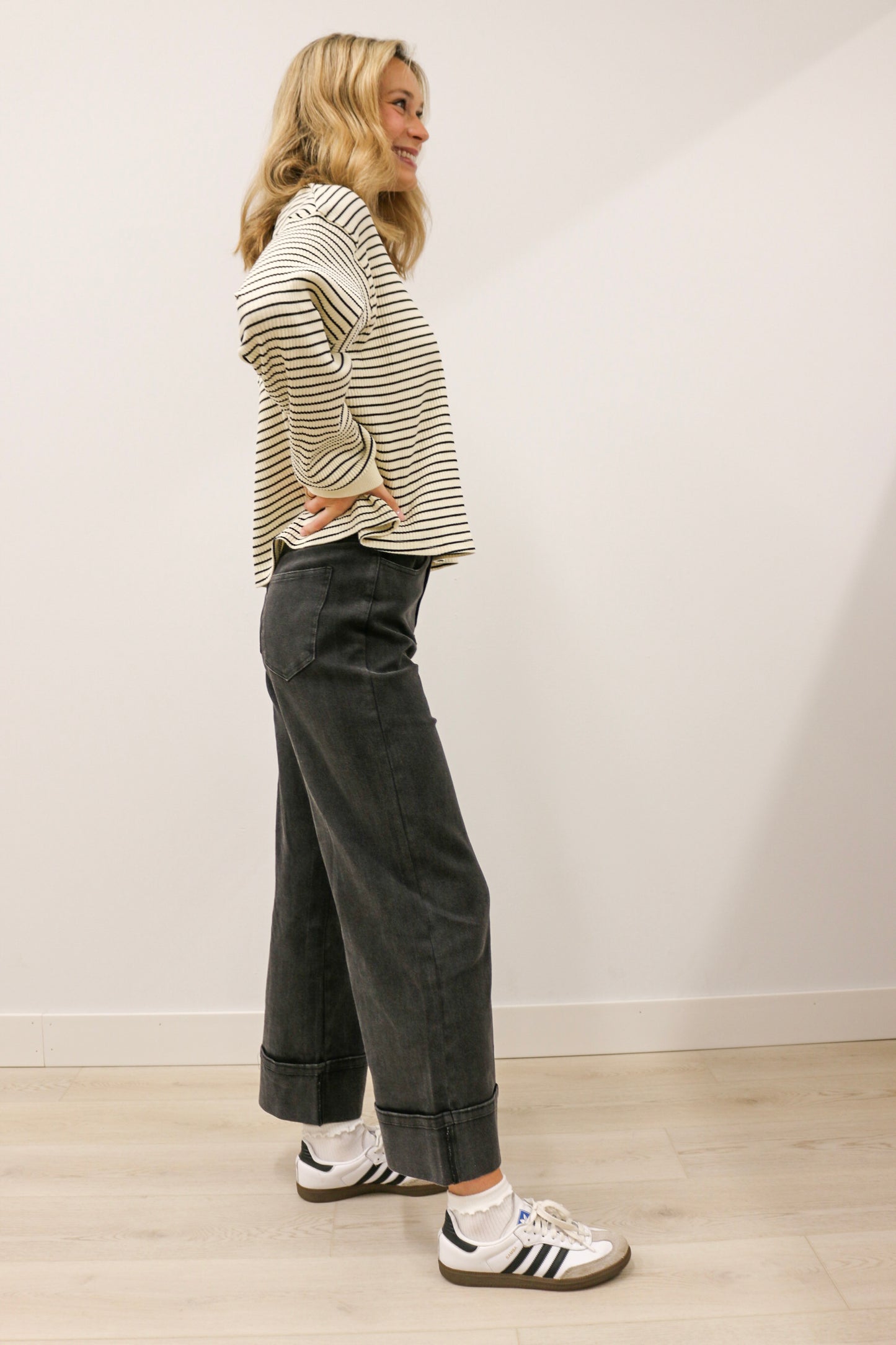 Nataline High Waisted Casual Wide Leg Cuffed Pant - Black