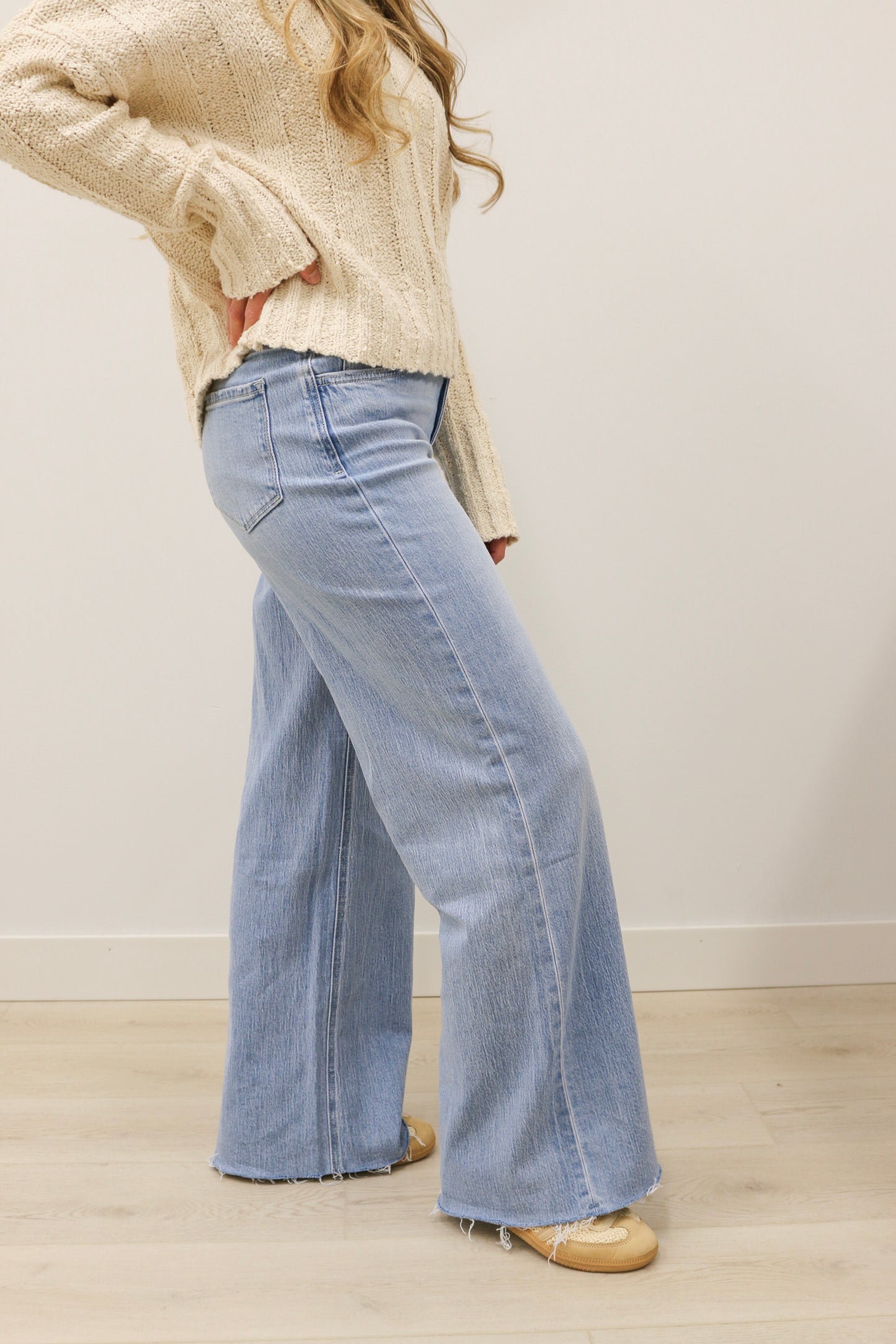 Olivia High Rise Wide Leg Comfort Stretch Raw Hem Denim by Vervet - Poprock