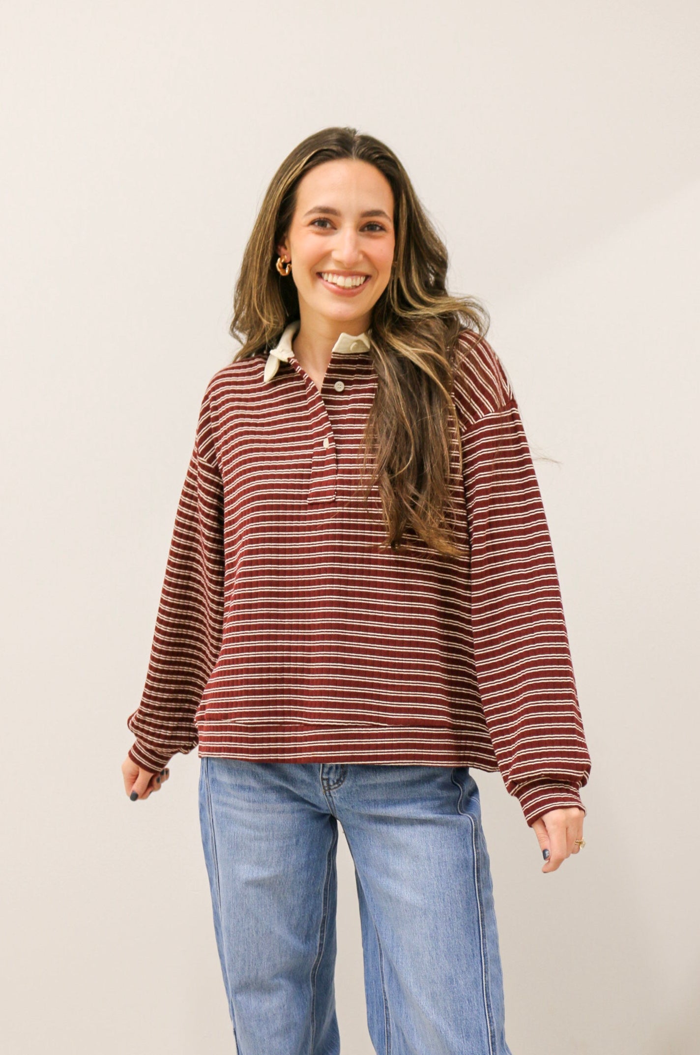 Polo Collar Leisure Stripe Ribbed Long Sleeve Knit Top - Burgundy Ivory