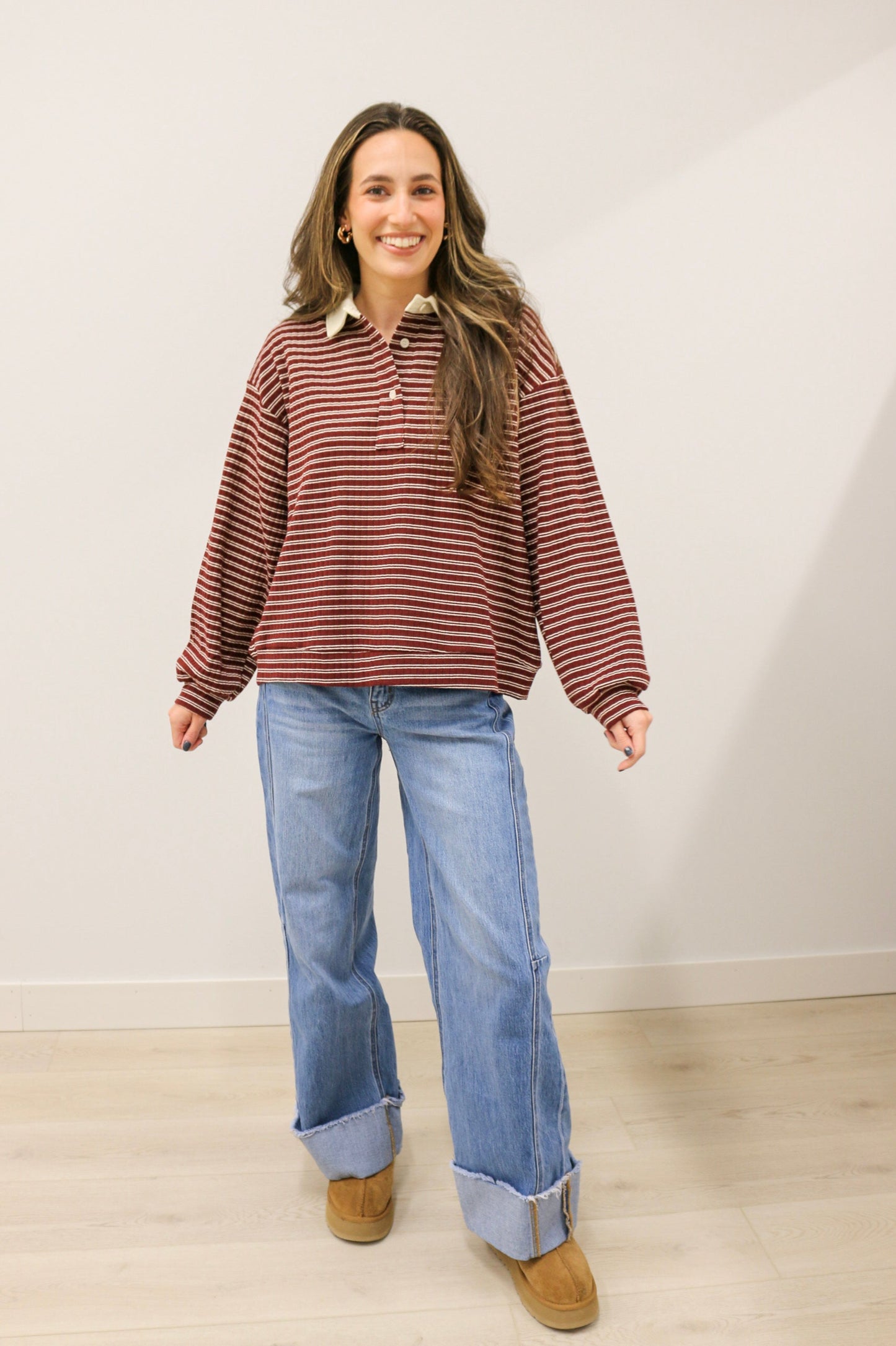 Polo Collar Leisure Stripe Ribbed Long Sleeve Knit Top - Burgundy Ivory
