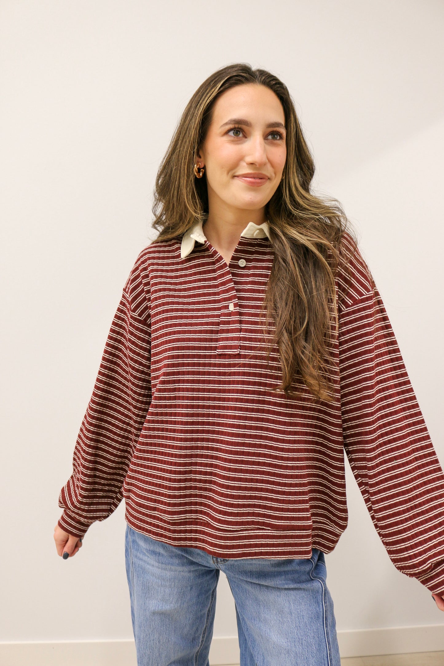 Polo Collar Leisure Stripe Ribbed Long Sleeve Knit Top - Burgundy Ivory
