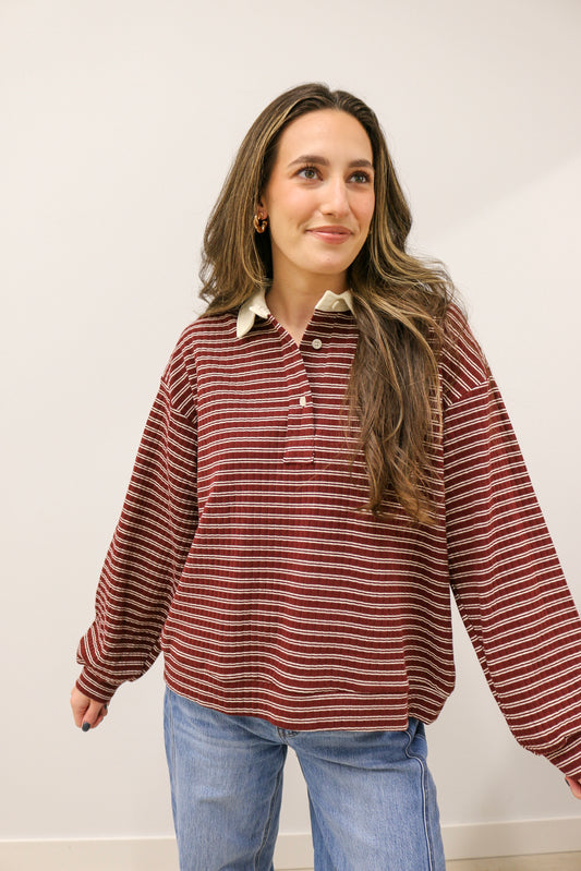 Polo Collar Leisure Stripe Ribbed Long Sleeve Knit Top - Burgundy Ivory