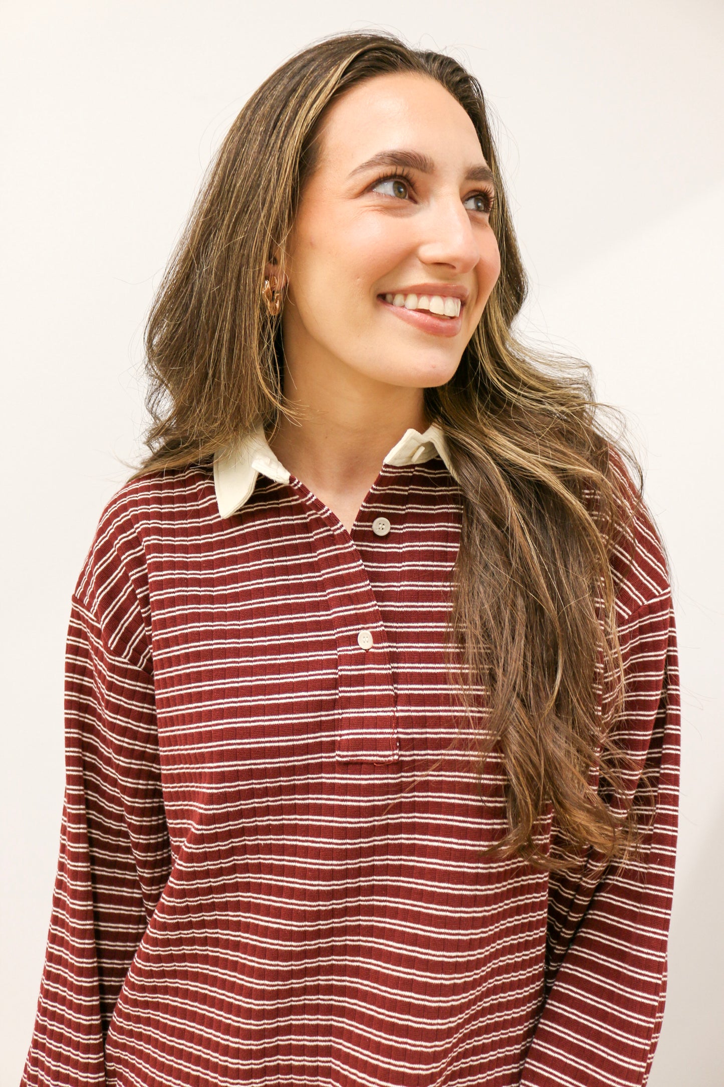 Polo Collar Leisure Stripe Ribbed Long Sleeve Knit Top - Burgundy Ivory