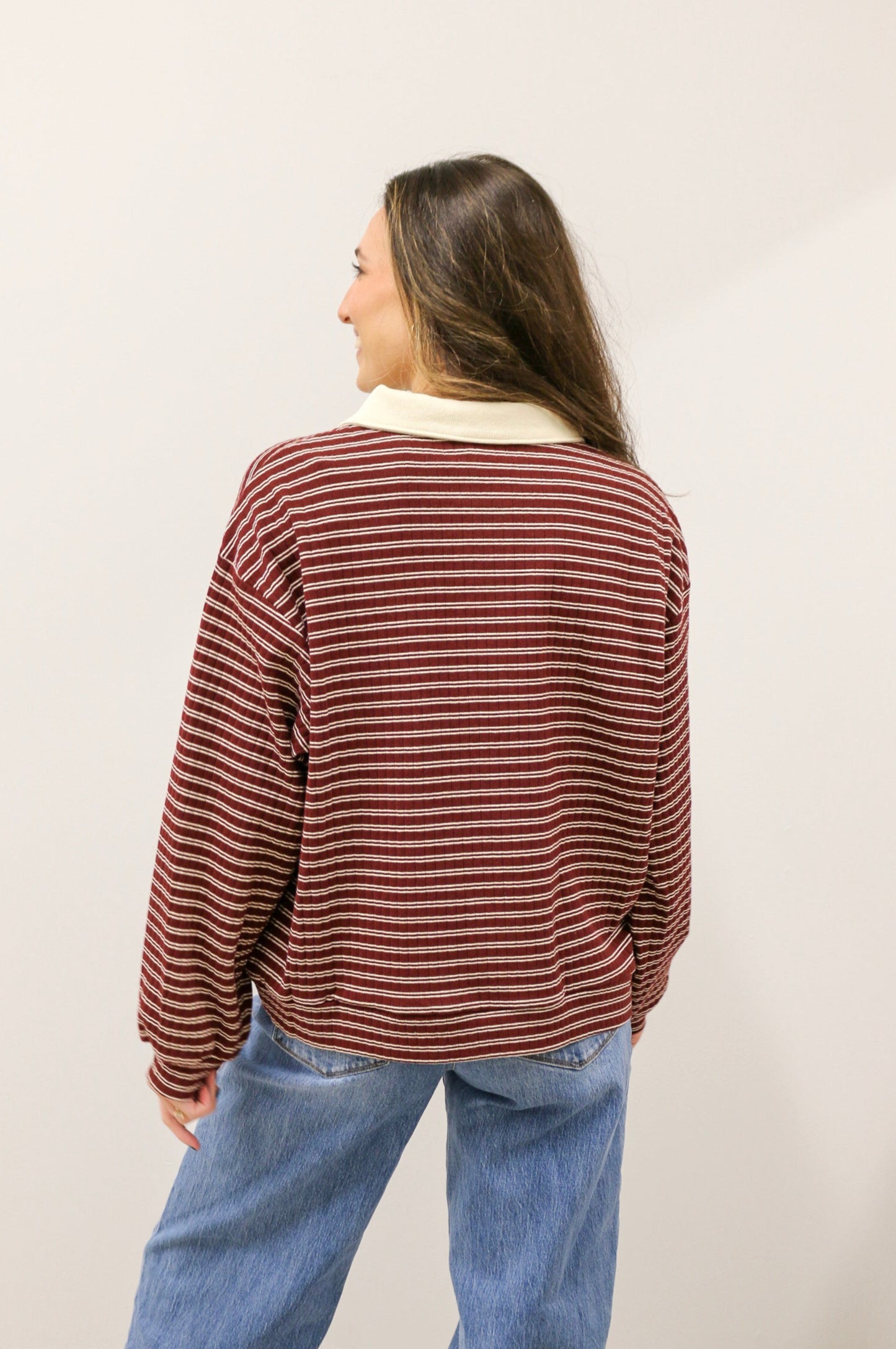 Polo Collar Leisure Stripe Ribbed Long Sleeve Knit Top - Burgundy Ivory