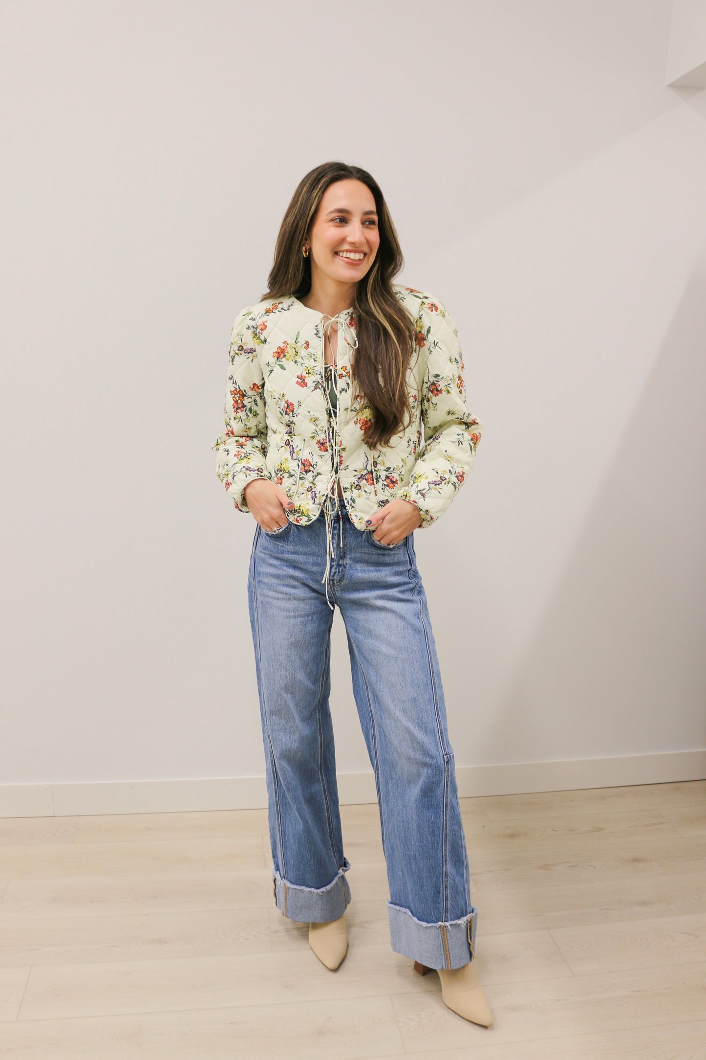Romance in Bloom Floral Quilted Tie Front Long Sleeve Jacket - Ecru Multi