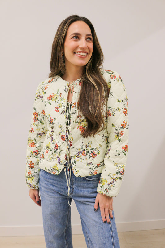 Romance in Bloom Floral Quilted Tie Front Long Sleeve Jacket - Ecru Multi