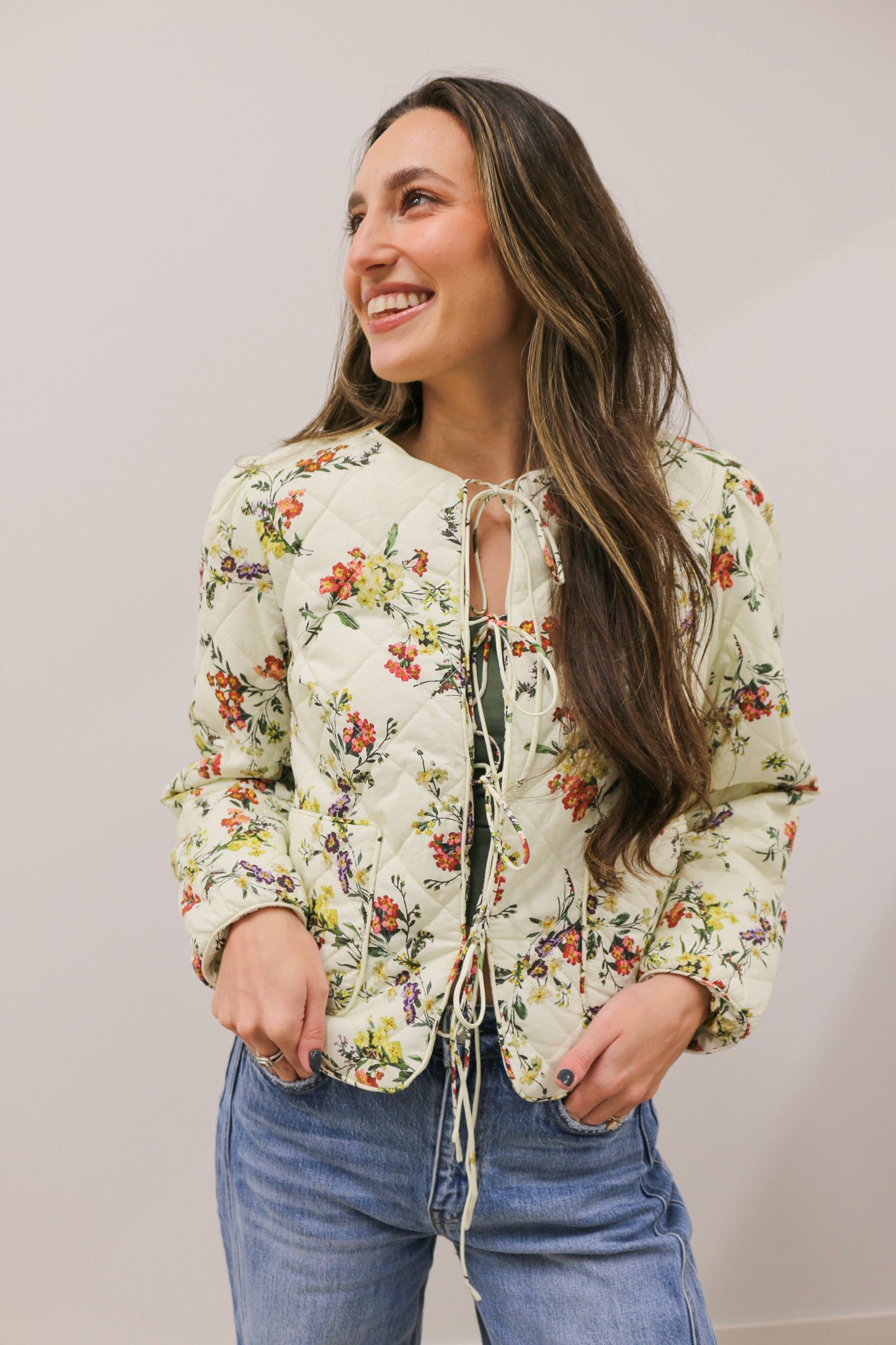 Romance in Bloom Floral Quilted Tie Front Long Sleeve Jacket - Ecru Multi