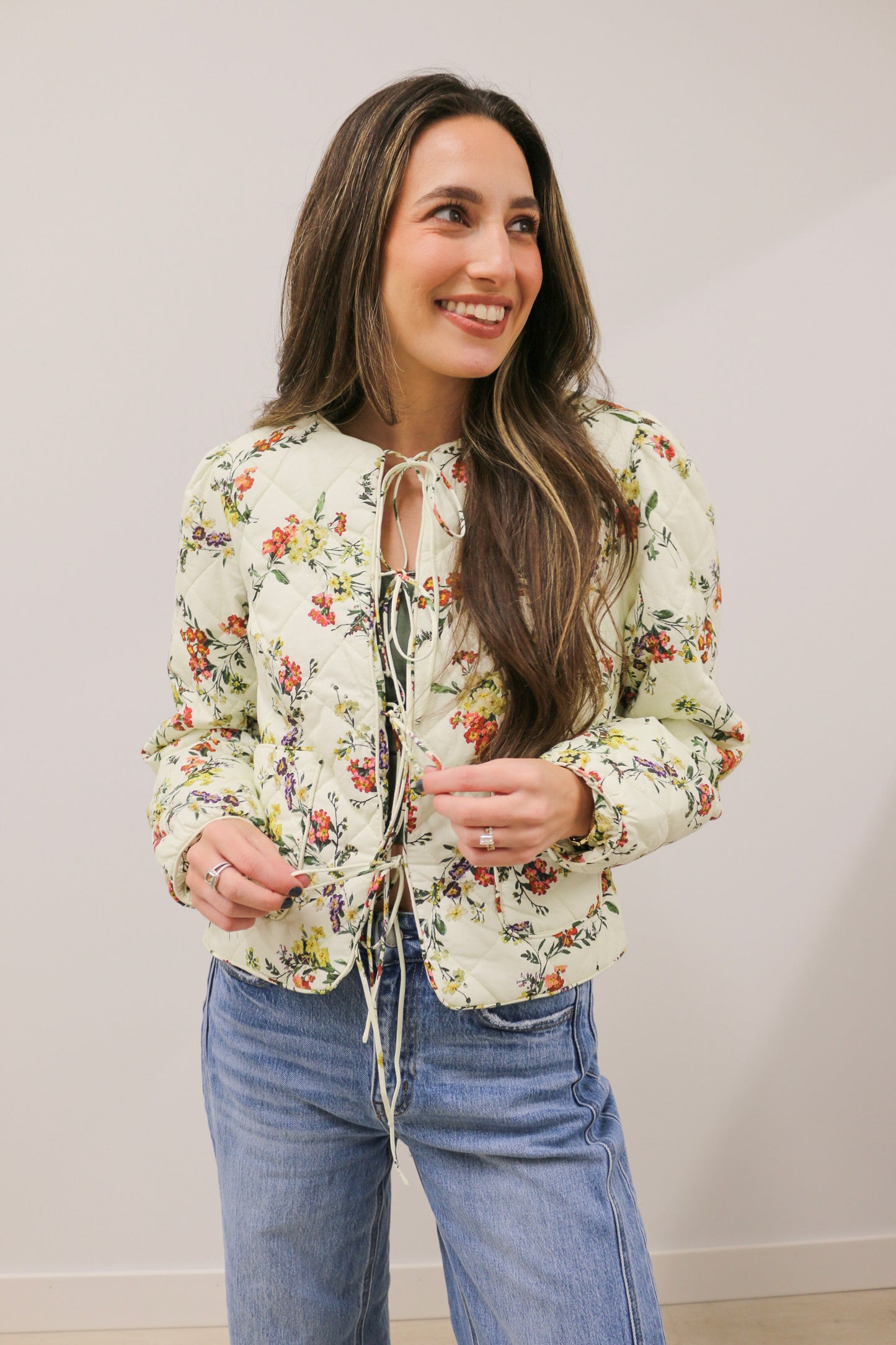 Romance in Bloom Floral Quilted Tie Front Long Sleeve Jacket - Ecru Multi