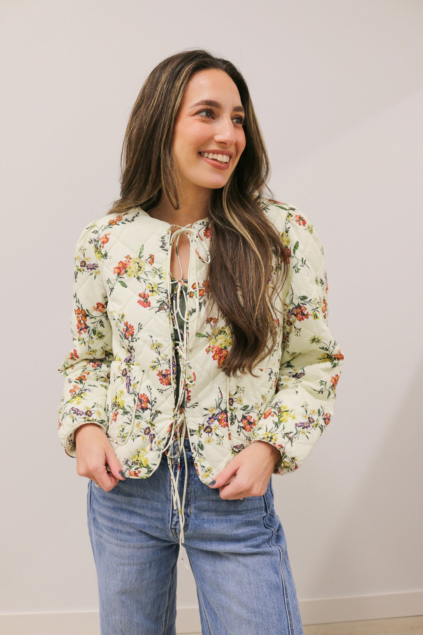 Romance in Bloom Floral Quilted Tie Front Long Sleeve Jacket - Ecru Multi