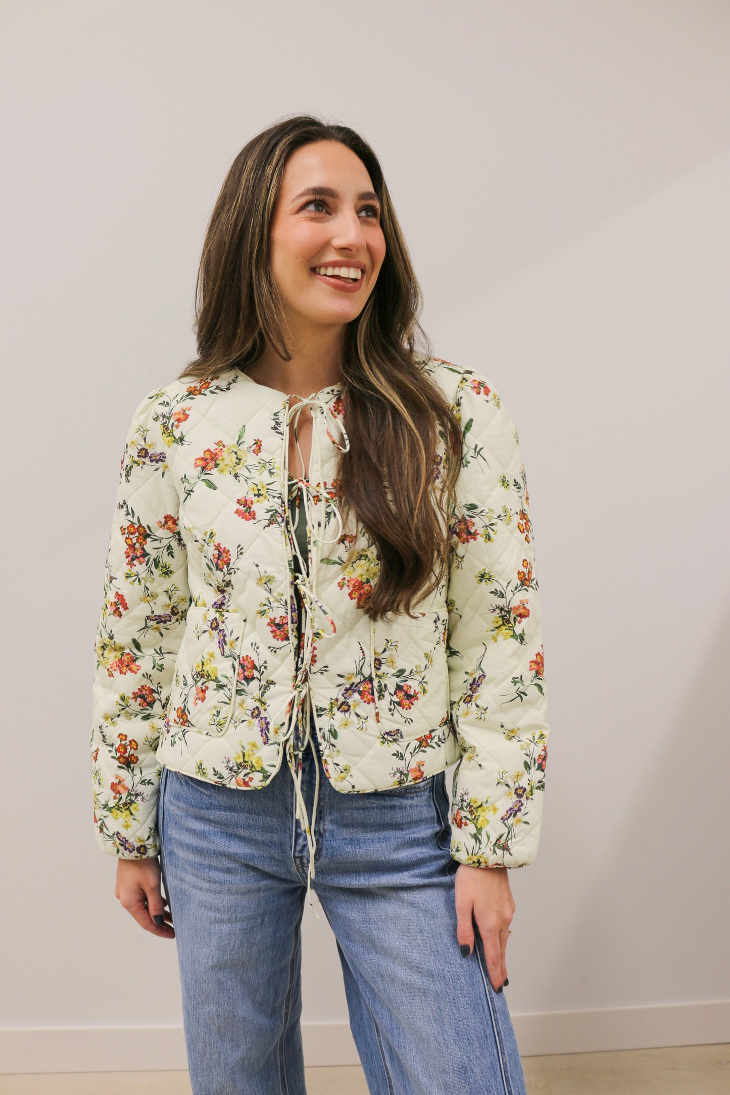 Romance in Bloom Floral Quilted Tie Front Long Sleeve Jacket - Ecru Multi