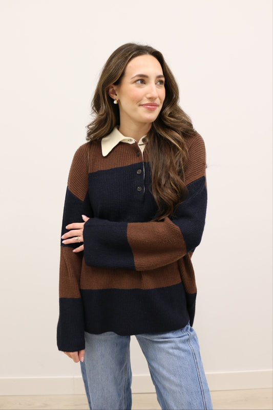 Rugby Stripe Play Contrast Collar Polo Long Sleeve Sweater - Brown Navy