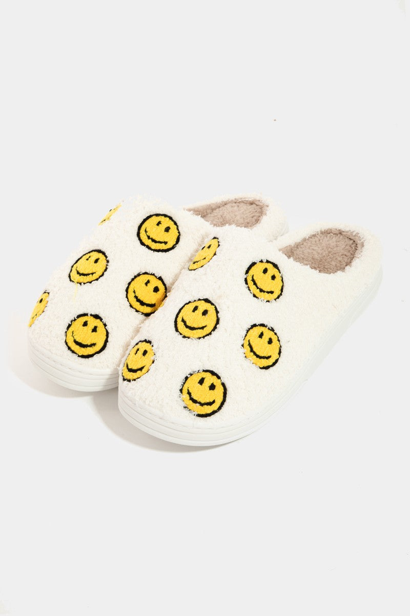 Smiley Face Fuzzy Slippers - Ivory Multi