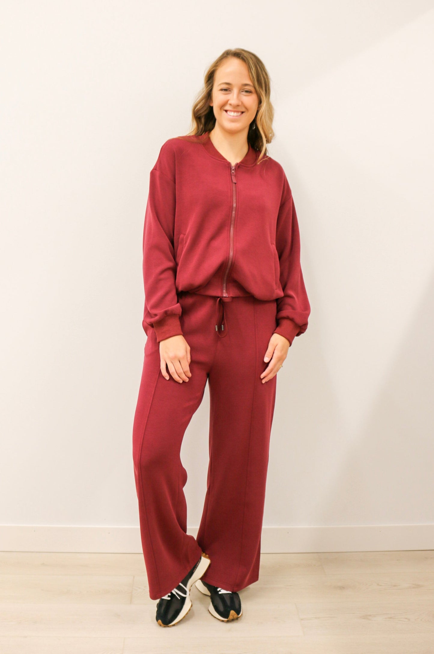 Soft Modal Long Sleeve Zip Up Bomber Jacket - Burgundy