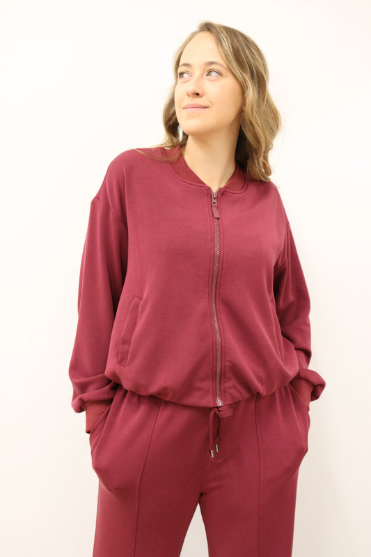 Soft Modal Long Sleeve Zip Up Bomber Jacket - Burgundy
