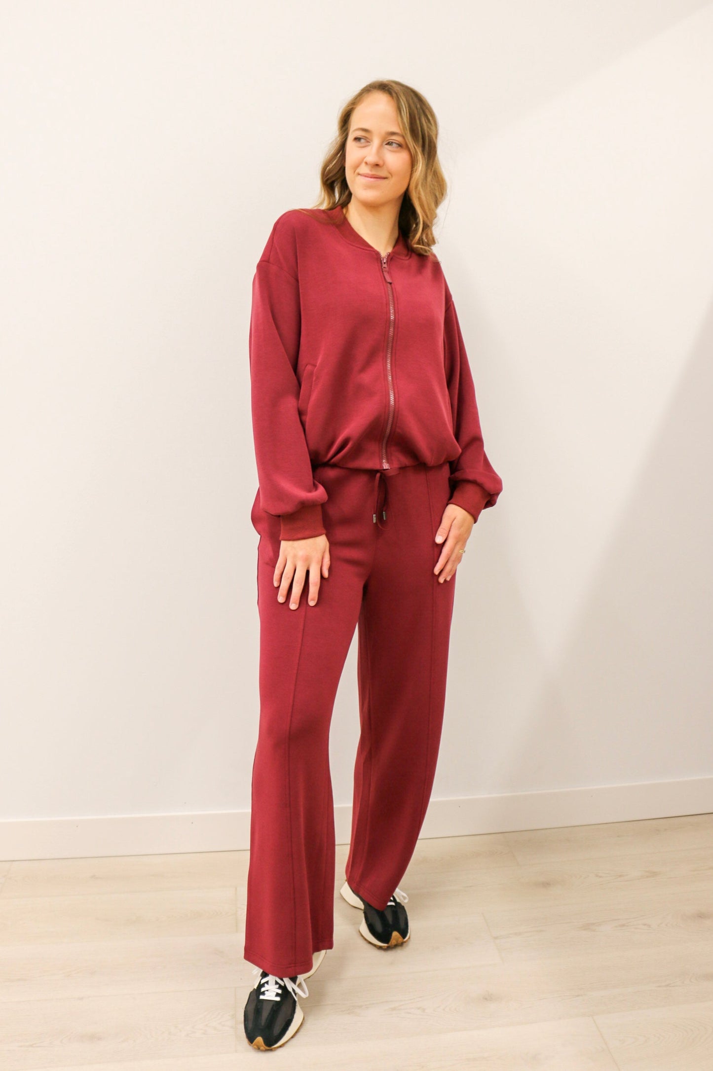 Soft Modal Long Sleeve Zip Up Bomber Jacket - Burgundy