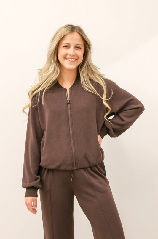 Soft Modal Long Sleeve Zip Up Bomber Jacket - Espresso Brown