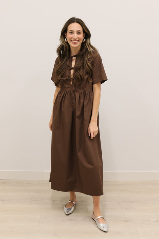 Stella Bow Front Relaxed Fit Midi Dress - Chocolate Brown