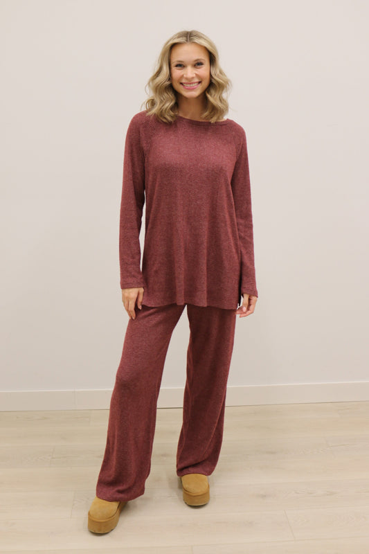 Claudia Lightweight Long Sleeve Top Drawstring Wide Leg Pant Knit Set - Burgundy Wine