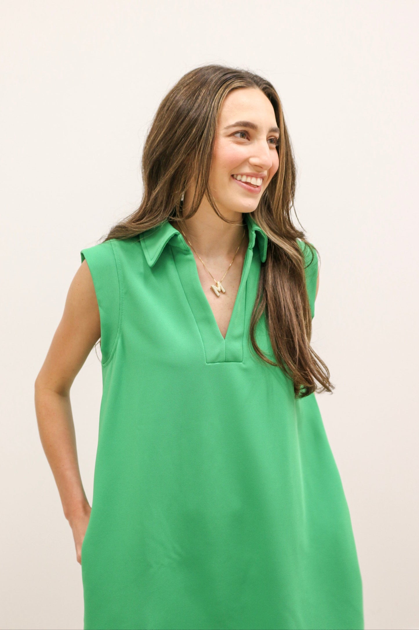 Sporty Collared V-Neck Textured Knit Mini Dress - Kelly Green