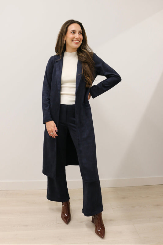 Lana Faux Suede Long Sleeve Duster Trench Overcoat - Deep Navy